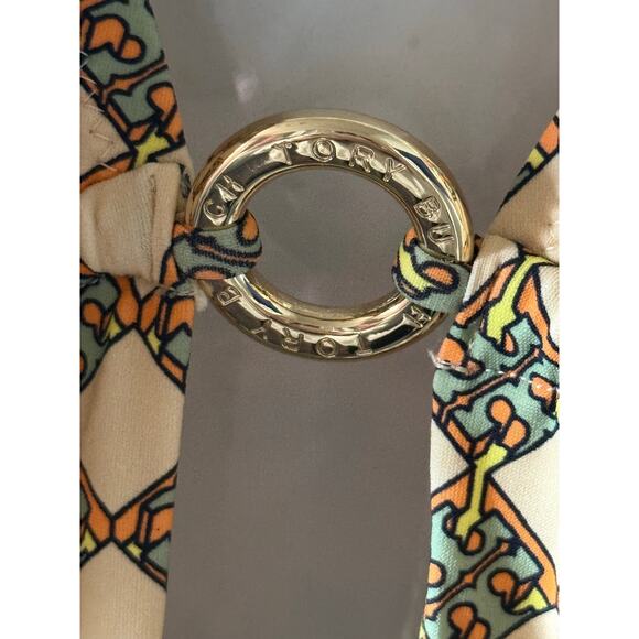 Tory Burch Ring Hardware Wicker-Print One Piece Swimsuit XS Lime Green Halter - Picture 6 of 8